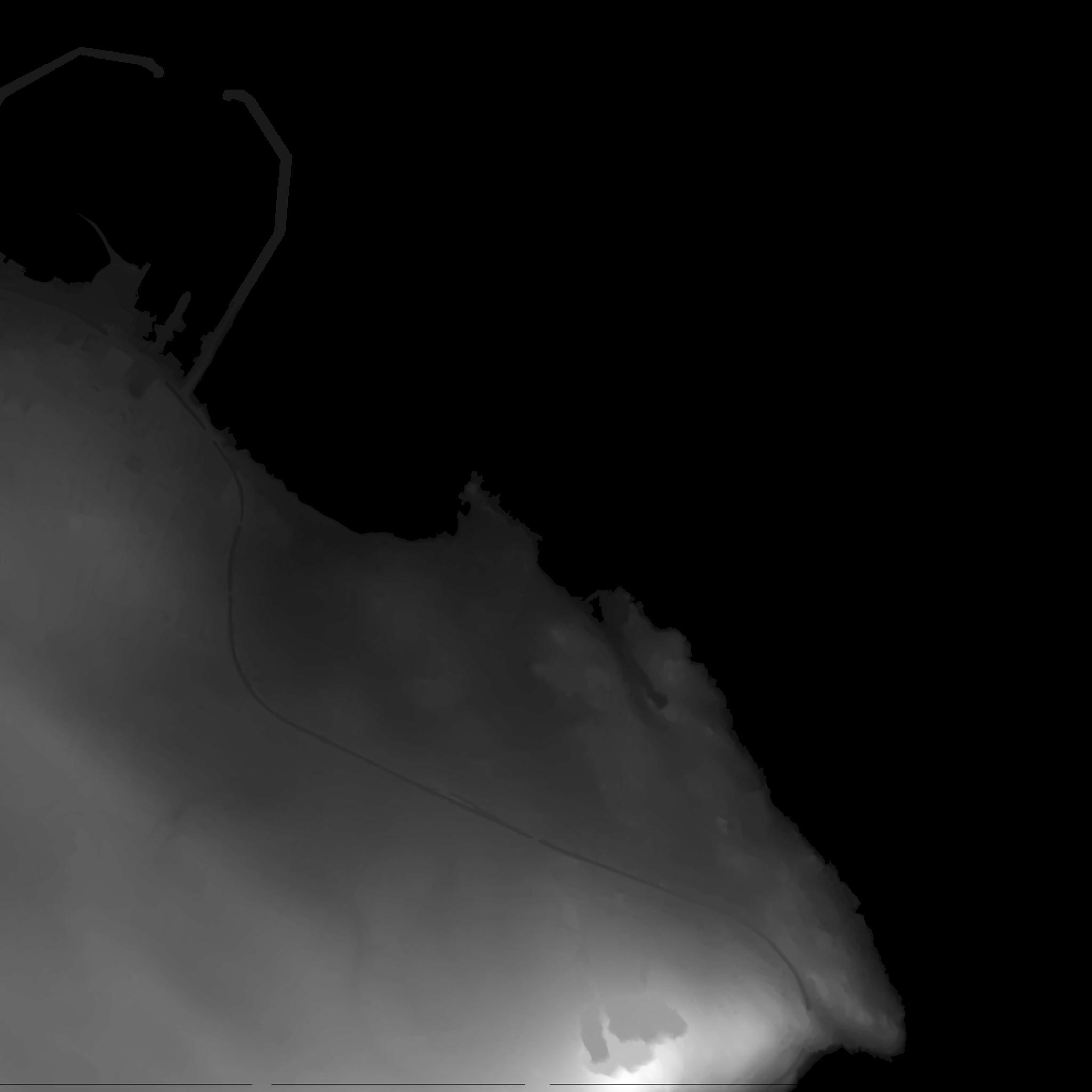16-bit greyscale heightmap image — the 2048×2048 image showing the terrain elevation as light and dark tones, with the quarry at the top appearing brightest and the coastline and sea at the bottom appearing darkest